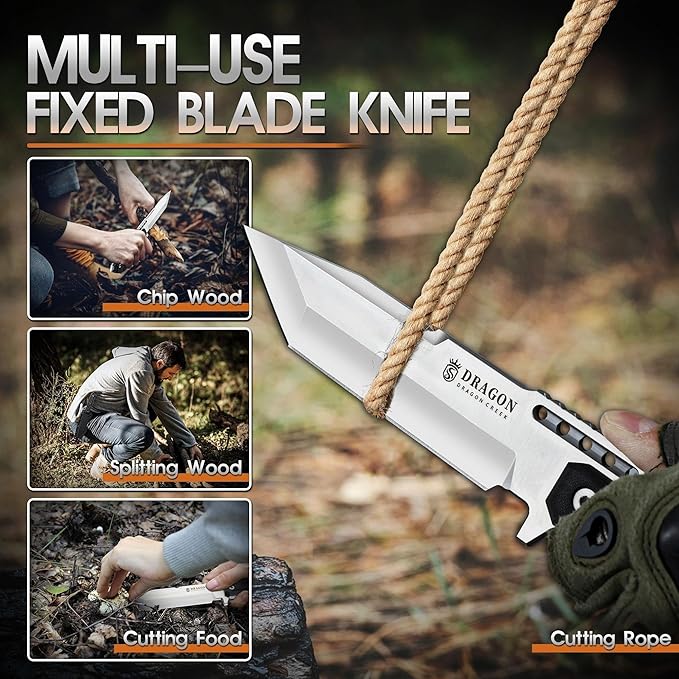 Dragon Creek Fixed Blade Knife - Outdoor Survival Knife for Camping Hiking Gift Men Silver
