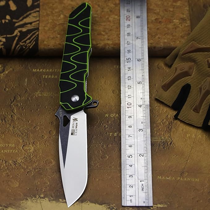 WPKOPYA 8.4in Folding Knife AUS-8 Steel Blade G10 Handle with Anti-Slip Texture Ball Bearing Pivot Stonewashed Finish EDC Pocket Knife for Camping Hiking Survival (AUS-8 (G10 black/green))