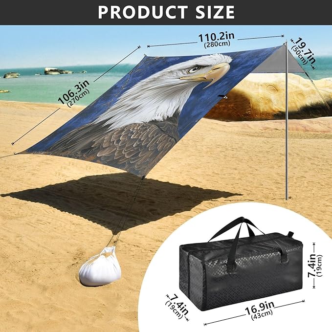 ALAZA American Bald Eagles on Blue Beach Tent Sun Shelter Portable Canopy Sunshade for Outdoor Camping Picnics Backyard Fun 10x9 ft