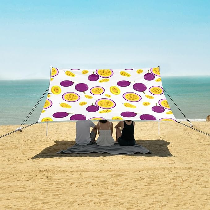 xigua Passion Fruit Beach Tent Sun Shelter with Carrying Bag - Silver Coated Oxford Fabric Beach Canopy for Beach Camping Fishing - Includes Windproof Ropes Sandbags &amp Stakes