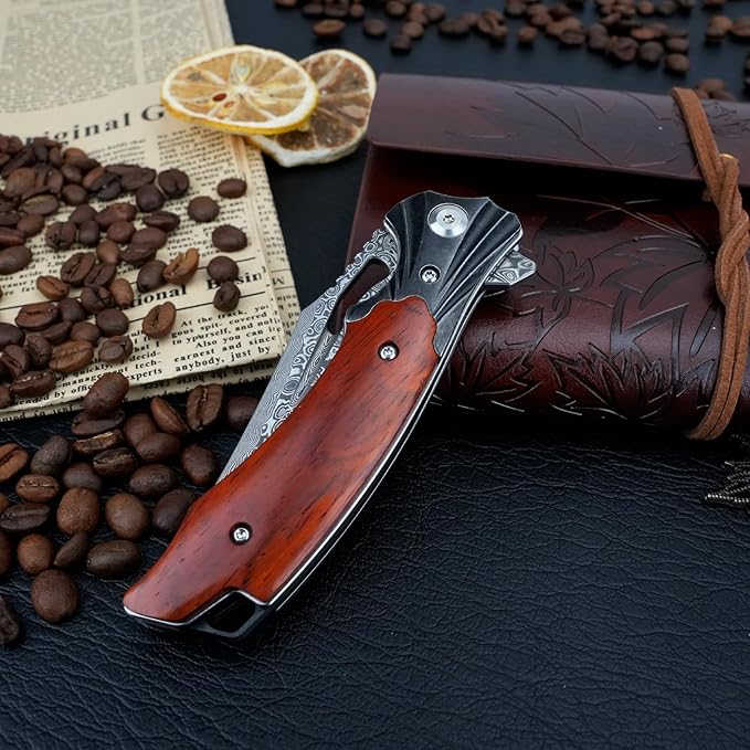 Zingbee Damascus Pocket Knife for Men Women Wood Handle Folding Knife with Sheath 3.15 Damascus Steel Blade Pocket Knives for Outdoor