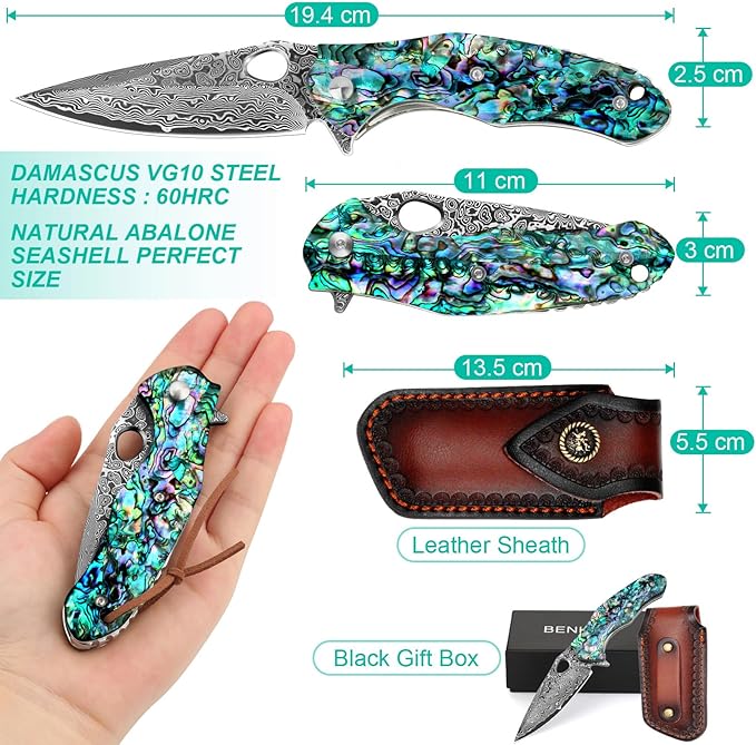 Benkey Damascus Pocket Knife Sharp VG10 Core Damascus Steel Folding Knives with True Abalone Shells Handle Leather Sheath Ball Bearing Liner Lock Lightweight Damascus Knife for EDC Men Women