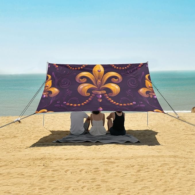 Fleur De Lis Flower Mardi Gras Beach Tent Sun Shelter Set UPF50+ UV Protection 10.5 x 9.19 FT Camping Shade Canopy with Sandbags Sand Anchors Carrying Bag and Others