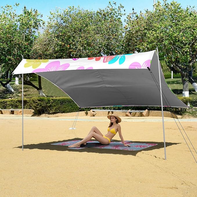 Beach Canopy with Windproof Ropes &amp Sandbags Beach Tent Sun Shade Sun Shelter for Camping Trips Fishing Backyard Fun or Picnics Flowers and Butterflies