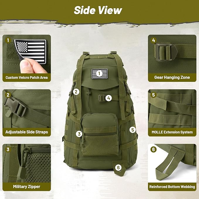 50L Tactical Backpack for Men and Women Water-Resistant Molle Rucksack Large Military Assault Pack for Hiking Hunting Camping Gym &amp Outdoor Survival Green