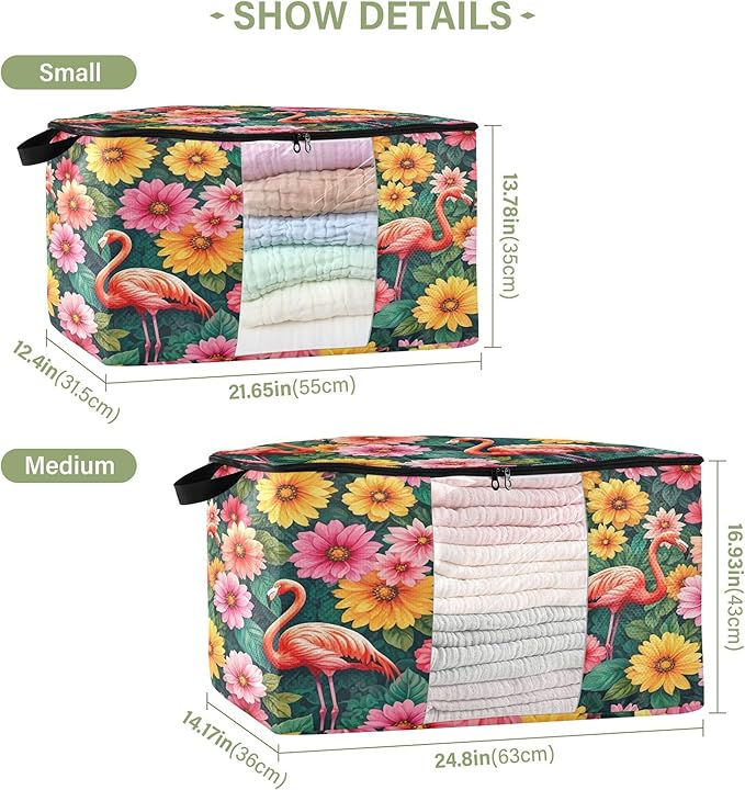 Burbuja 2 Pack Storage Bag Organizer with Handles for Clothes Blankets Bedding Floral Flamingos Foldable Storage Bag with Zipper &amp Clear Window 95L