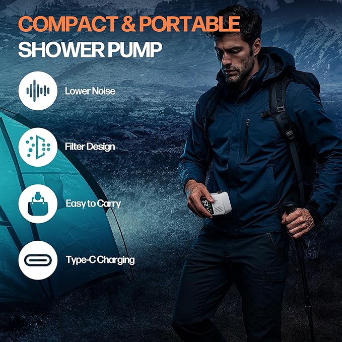 Mytrix Portable Camping Shower Pump with Foldable Bucket 10L/Min High Flow 7800mAh Rechargeable Battery 4 Spray Modes IPX8 Waterproof Outdoor Shower for Hiking Travel &amp Pets