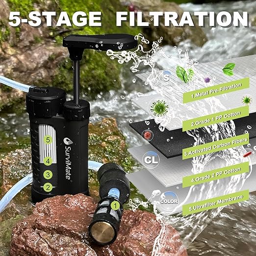 SurviMate Water Purifier Survival Pump0.01 Micron 5-Stage Water Purifier SystemHand Pump Water Filter Portable Outdoor EmergencyCamping Hiking Backpacking