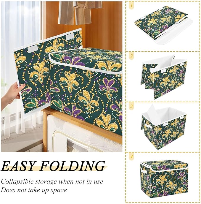 Christmas Storage Baskets with Lids Mardi Gras Themed Collapsible Bins Stackable Fabric Linen Baskets Closet Organizer Container 16.5x12.6x11.8
