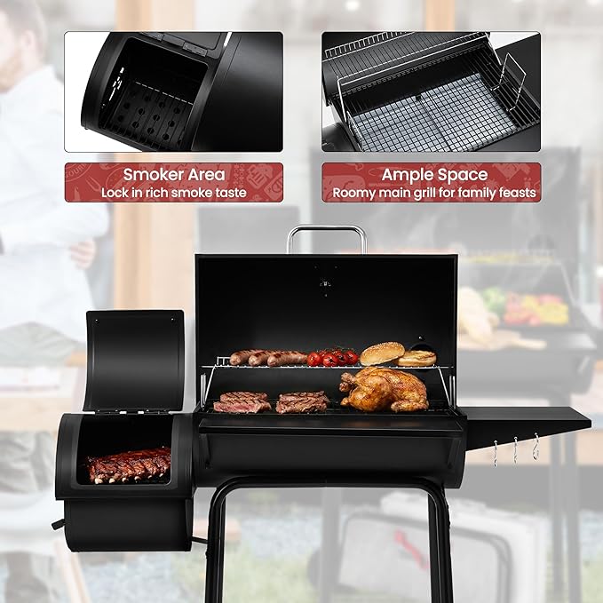 Royal Gourmet CC1830S BBQ Charcoal Grill and Offset Smoker | 823 Square Inch cooking surface Outdoor for Camping | Black