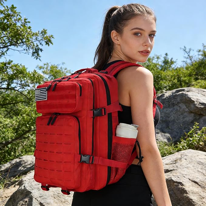 Sparklekle Military Tactical Backpack 45L 3 Day Assault Pack Waterproof Molle Hiking Rucksack for Men&ampWomen (Red)