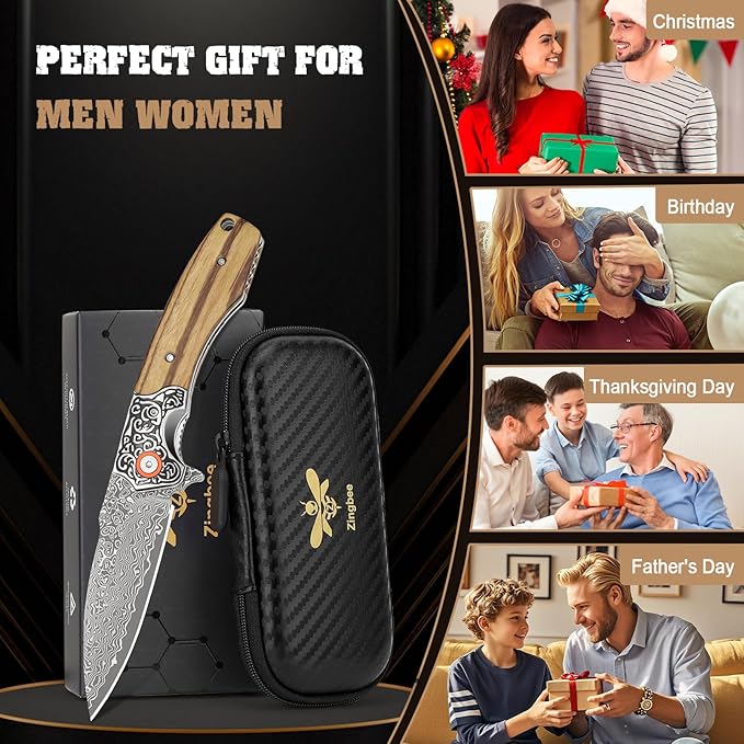 Damascus Pocket Knife For Men Folding Knife With Clip &amp 3.34 Damascus Steel Blade EDC Pocket Knife with Zebra Wood Handle for Camping Hunting Outdoor