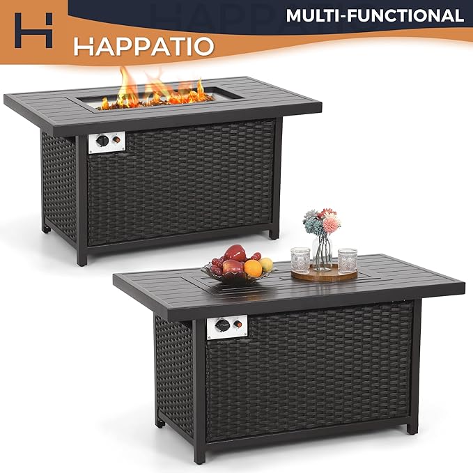 HAPPATIO Propane Fire Pit Table - 48 inch 50000 BTU Aluminum Outdoor Patio Fire PitWicker &amp Aluminum Rectangular Propane Gas Fire Pit Clear Glass Rock and Tabletop Lid Black PE Rattan(Brown)