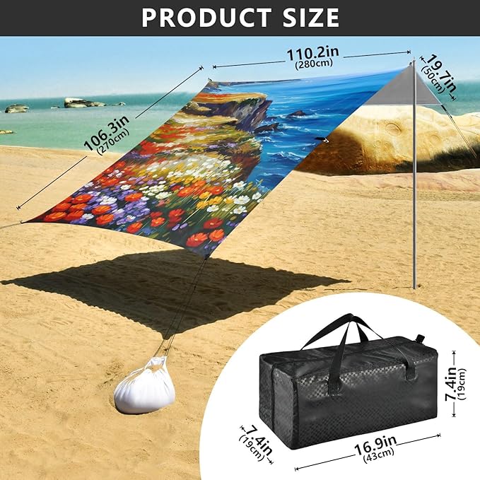 Beach Canopy with Windproof Ropes &amp Sandbags Beach Tent Sun Shade Sun Shelter for Camping Trips Fishing Backyard Fun or Picnics Landscape