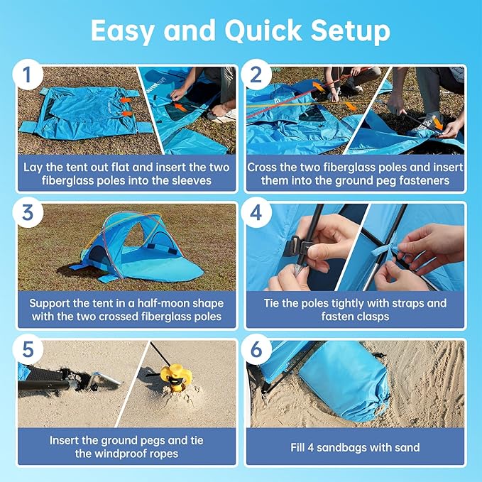 Raynesys Beach Tent Sun Shelter Beach Shade Tent with UPF50+ UV Protection Portable Sun Shelter for 1-3 Person Shade Tents with 2 Zippered Doors for Sand Camping Fishing Blue
