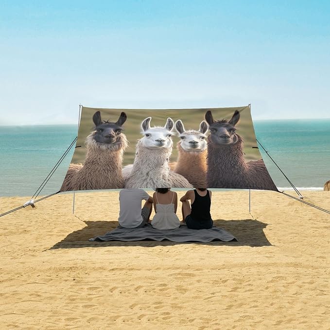 ALAZA FUUNY Llamas Alpacas Beach Tent Sun Shelter UPF50+ Protection Beach Shade Canopy w/ 4 Sandbags for Outdoor Camping Fishing Backyard Fun Picnic 10x9 ft
