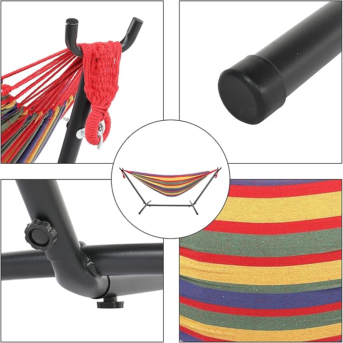 Black Steel Pipe Hammock Frame with 200X150cm Polyester Cotton Hammock Four Red Strip Natural Rope Iron Hammock Set