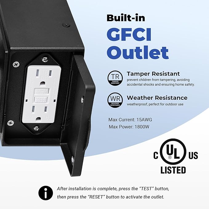 Gleamz Porch Lights Outdoor with GFCI Outlet Black Motion Sensor Light Wall Mount 100% Aluminum Anti-Rust Waterproof Outside Light Fixture for House Patio Garage Adjustable Distance Time 5 Modes