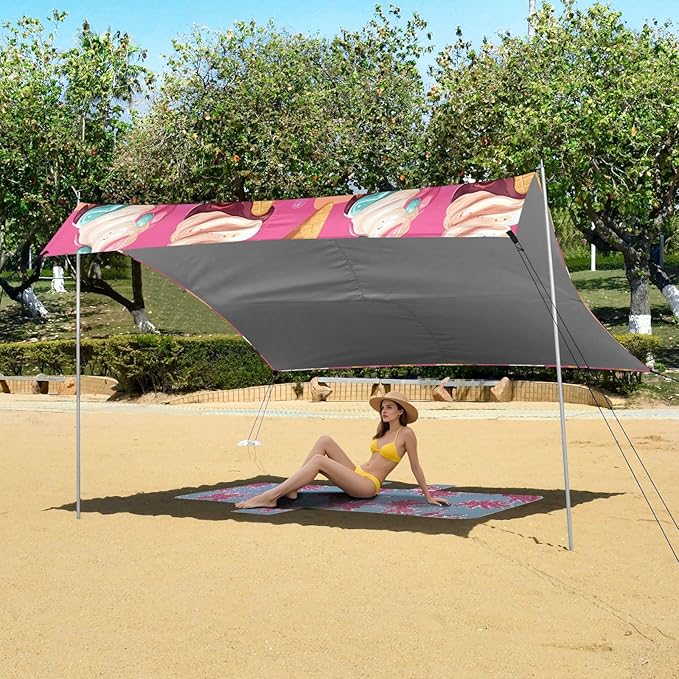 ALAZA Ice Cream Pink Background Pattern Beach Tent Sun Shelter Portable Canopy Sunshade for Outdoor Camping Picnics Backyard Fun 10x9 ft