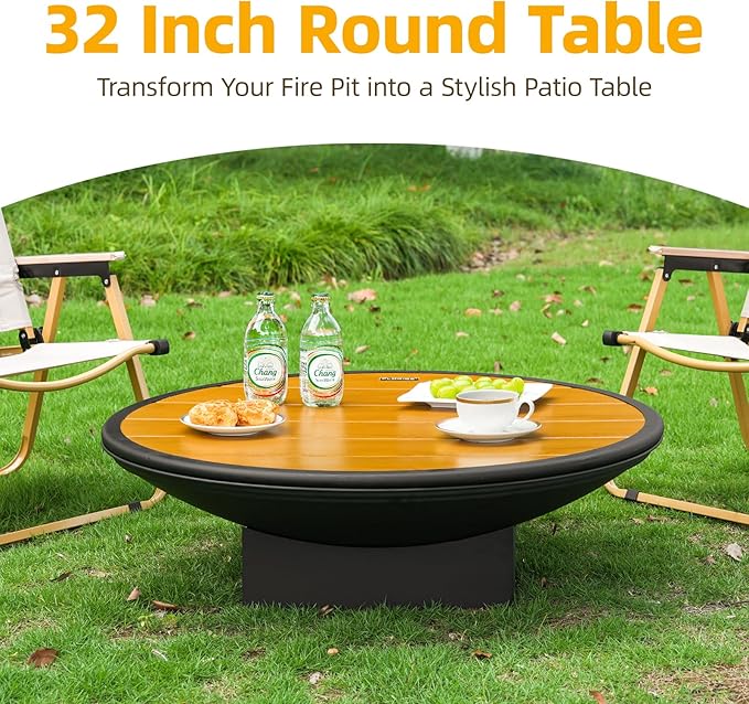 32 Inch Fire Pit for Outside Outdoor Wood Burning Fire Pit Table with Grill &amp Cover Lid Large Portable Firepit for Backyard Patio Camping