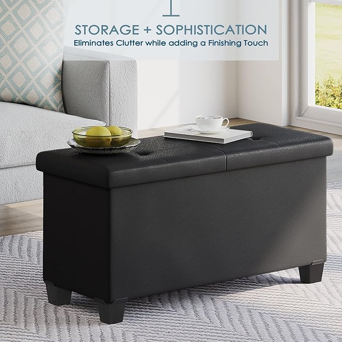 Storage Ottoman Bench with Storage Bins 30-in Storage Bench for Bedroom End of Bed Folding Foot Rest Ottoman with Storage for Living Room Storage Chest Max 660lbs Faux Leather Ottoman Black