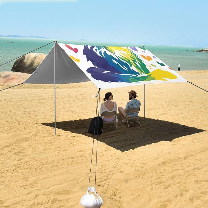 Rainbow Cat Heart Foldable Beach Tent UPF50+ Protection Easy Setup Portable Sun Shelter with Sandbags &amp Sand Shovel for Backyard and Camping
