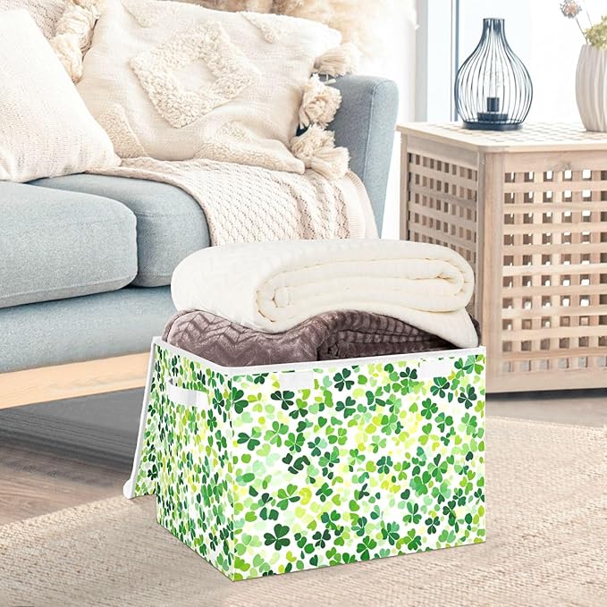 Collapsible Storage Bins with Lids Decorative Fabric Storage Cubes Closet Organizer and Storage Basket Boxes Containers for Clothes Box Chest Nursery Folding Rectangle Bright Green Clover St.