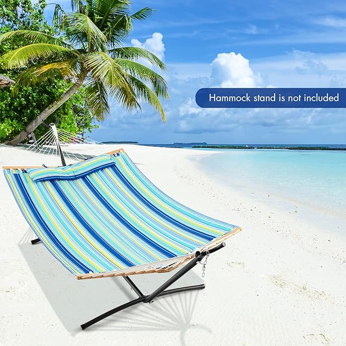 Goplus 10.5 FT Hammock Quilted 2 Person Hammock w/Detachable Pillow 330LBS Capacity Curved Hardwood Spreader BarQuick Dry Fabric Portable Paddled Hammock Swing for Patio Yard Porch Indoor Outdoor