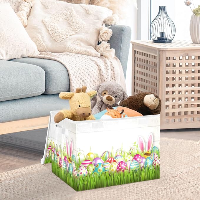 Storage Bins with Lids and HandlesEaster Eggs Grass Storage Box Storage Basket with Cover Collapsible Organizer Containers for Home Closet Shelves