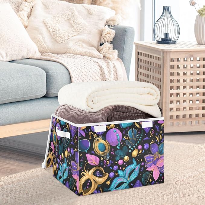 Puprle Shrove Tuesday Mask Plant Storage Box with Lid 1 PC Foldable Storage Bin with Lids Stackable Storage Bins Cube Closet Organizer Basket with Flip-Top Lid &amp Handles for Shoes Books Towels