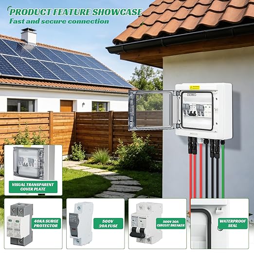 2 in 1 Out Solar Combiner BoxPV Combiner Box with 20A PV FuseDC 40A Circuit Breaker and Surge ProtectorIP65 Solar Disconnect Switch Box for Indoor Outdoor Solar Panel System (2 in 1 Out 20A 500V)