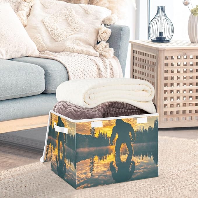 Storage Cube with Lid Lake Sasquatch Print 16.5×12.6×11.8 IN Collapsible Large Capacity Foldable Storage Basket Bin Organizer