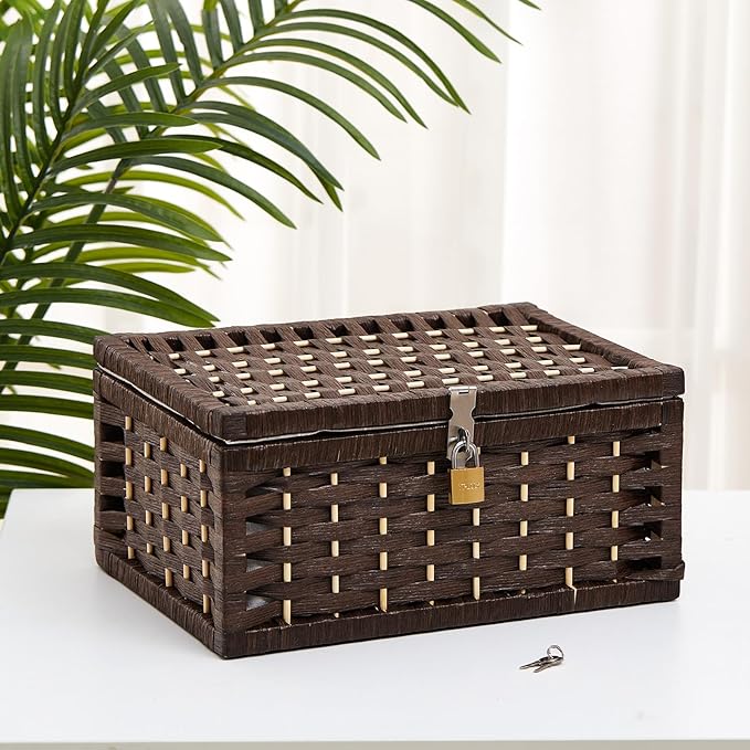 Discreet Lockable Adult Toy bag Storage Organizer Case for Women and Men Adult Wicker Baskets with Lid and Lock 13.8 x 9.8 x 6.3 Inch Box for Toys Valentine's Day Container(Dark Brown)
