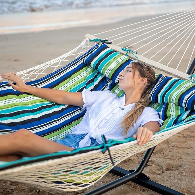 SUNCREAT Hammocks Double Cotton Rope Hammock with Polyester Pad Heavy Duty Hammock with Steel Stand Blue&ampGreen