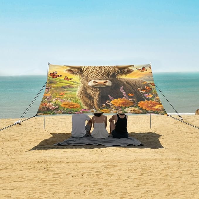 ALAZA Highland Cow Flowers Butterfly Beach Tent Sun Shelter Portable Canopy Sunshade for Outdoor Camping Picnics Backyard Fun 10x9 ft