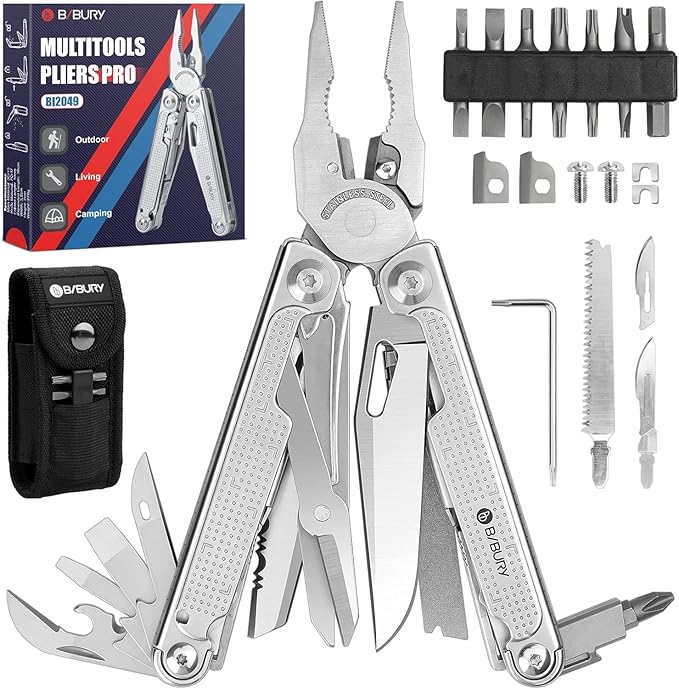 BIBURY Multitool Pliers Pro BI2049 3Cr13 Multi Tool with Large Saw Blade YG10 Tungsten Wire Cutters EDC Multi Tool w/Scissors and Screwdirver Set for Outdoor Hunting Survival Camping Gift for Men