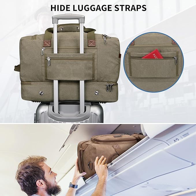 WITZMAN Duffle Bag for Men 50L Canvas Weekender Overnight Bag with Toiletry Bag Sets Travel Duffel Bag Shoes Compartment(A8010/2 Army Green)