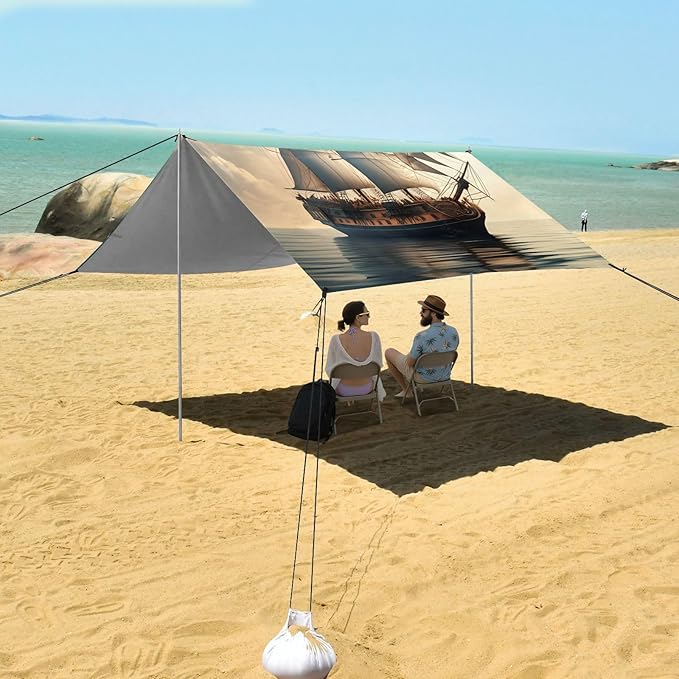 xigua Sailing Boat Beach Tent Sun Shelter with Carrying Bag - Silver Coated Oxford Fabric Beach Canopy for Beach Camping Fishing - Includes Windproof Ropes Sandbags &amp Stakes