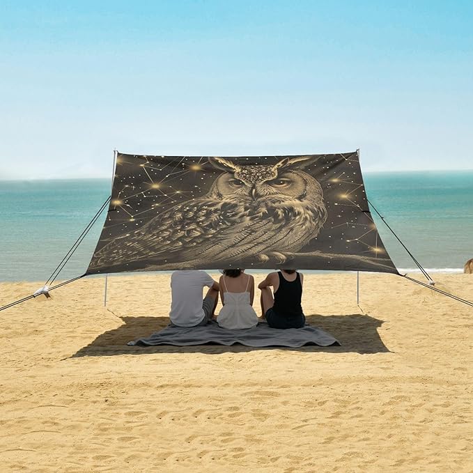 ALAZA Starry Owl Gloden Beach Tent Sun Shelter Portable Canopy Sunshade for Outdoor Camping Picnics Backyard Fun 10x9 ft
