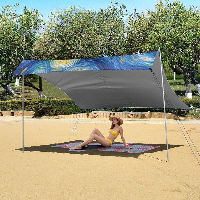 Masterpiece Starry Night Oil Painting6 Beach Tent &amp Canopy UPF50+ Water-Resistant Large Sun Shelter with Sand Shovel for Family Trips Picnics &amp Camping