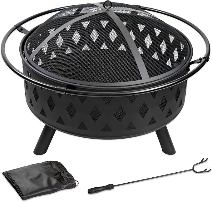 32 Inch Fire Pit Outdoor Burning Stove 2 in 1 Metal Round Fireplace for Outside Bonfire Party BBQ Camping Backyard Patio Garden w/Fire Poker Spark Screen Grate Cover (Rhombic)