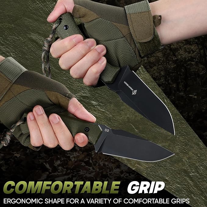 Dream Reach Fixed Blade Knife - D2 Steel Tactical Knife with Ergonomic Full Tang Handle and Kydex Sheath for Outdoor Camping Survival Gift for Men Women Green