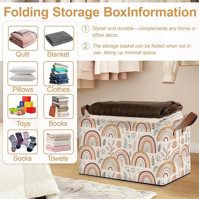 32L Large Storage Bins with Handles Basket Organizer for Shelves Closet Books Laundry &amp Home Decor (Colorful Rainbow)