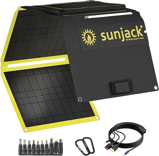 SunJack – 60 Watt Foldable Solar Panel ETFE Waterproof Portable Solar Panel with Kickstands USB-C PD30W USB-A QC3.0 DC Output Solar Panels for Camping Hiking Emergency Power