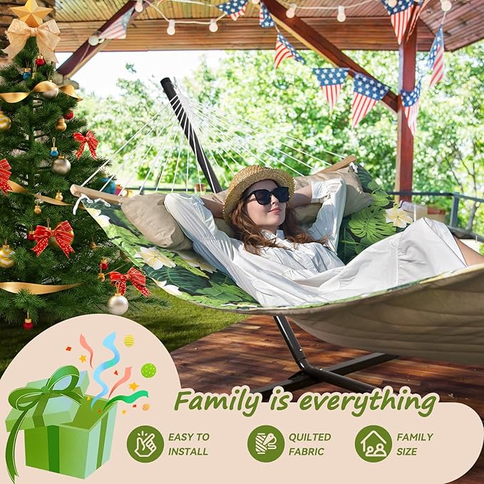 Double Hammock 11 FT Quilted Fabric 2 Person Hammock for Outside with Pillow Folding Curved Spreader Bar Chains Carrying Bag Indoor Outdoor 450 IB Capacity GreenLeaves