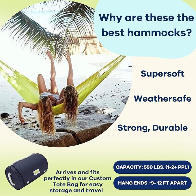 Handwoven Hammock by Yellow Leaf Hammocks - Family Size Fits 2+ PPL 550lb max - Weathersafe Super Strong Easy to Hang Ultra Soft Artisan Made - Color: Yellow