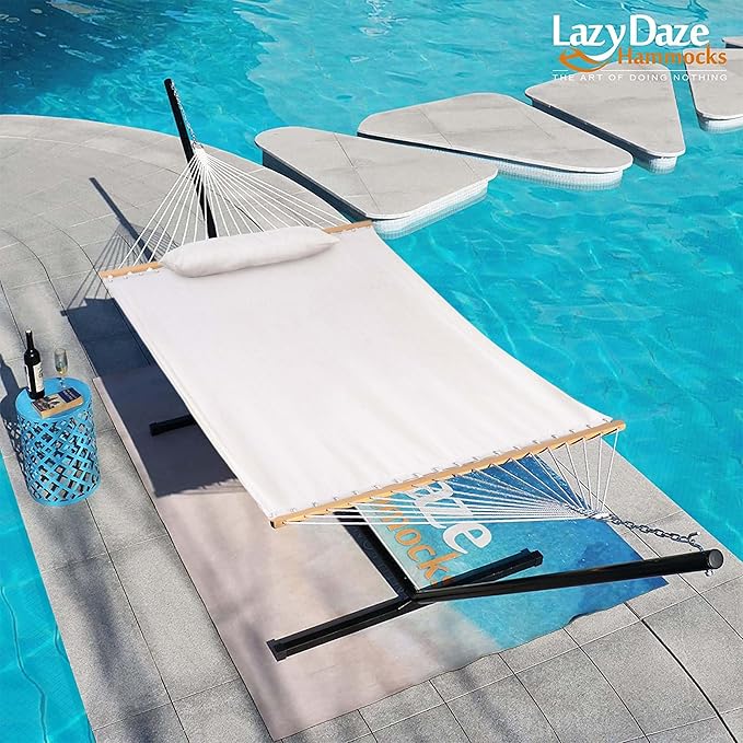 Lazy Daze Hammocks 12 FT Sunbrella Fabric Hammock not Fading with Spreader Bars and Free Pillow Fits for 2 Persons All Weather and Fade Resistant for Patio Yard 450 lbs Capacity Cast Pumice