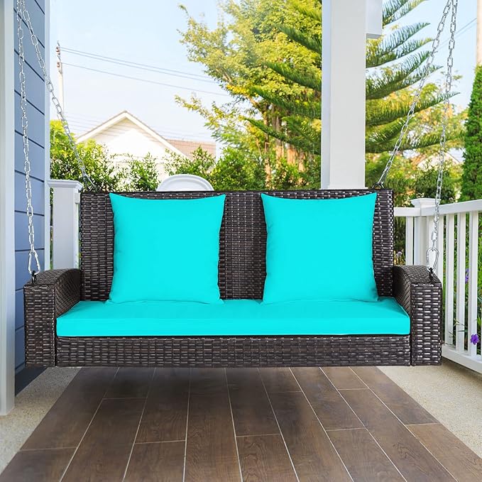 Tangkula 2-Person Wicker Hanging Porch Swing Patiojoy Outdoor Rattan Swing Bench W/ 2 Back Cushions &amp 1 Seat Cushion Sturdy Steel Chain 800lbs Weight Capacity Suitable for Deck Backyard Gard