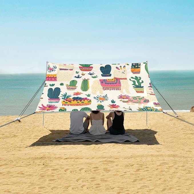 ALAZA Ethnic Alpaca Cactus Flowe Carttoon Beach Tent Sun Shelter Portable Canopy Sunshade for Outdoor Camping Picnics Backyard Fun 10x9 ft