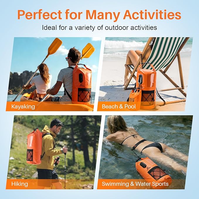 Waterproof Dry Bag 500D PVC Roll Top Dry Sack with 3 Carrying Ways Lightweight Waterproof Bag for Kayaking Swimming Boating Paddle Boarding Hiking Beach(Orange 25L)